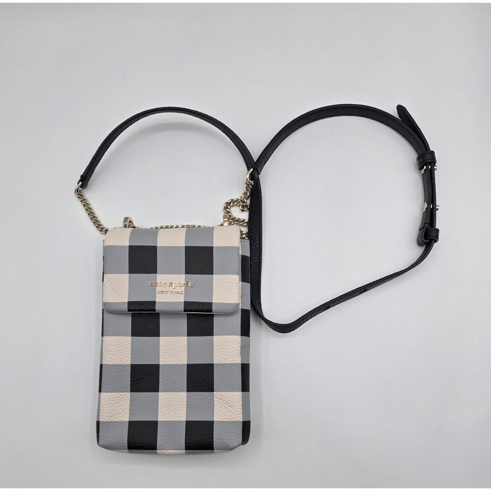 Kate Spade NY Gingham Phone Crossbody Bag Black White Plaid Leather Wallet